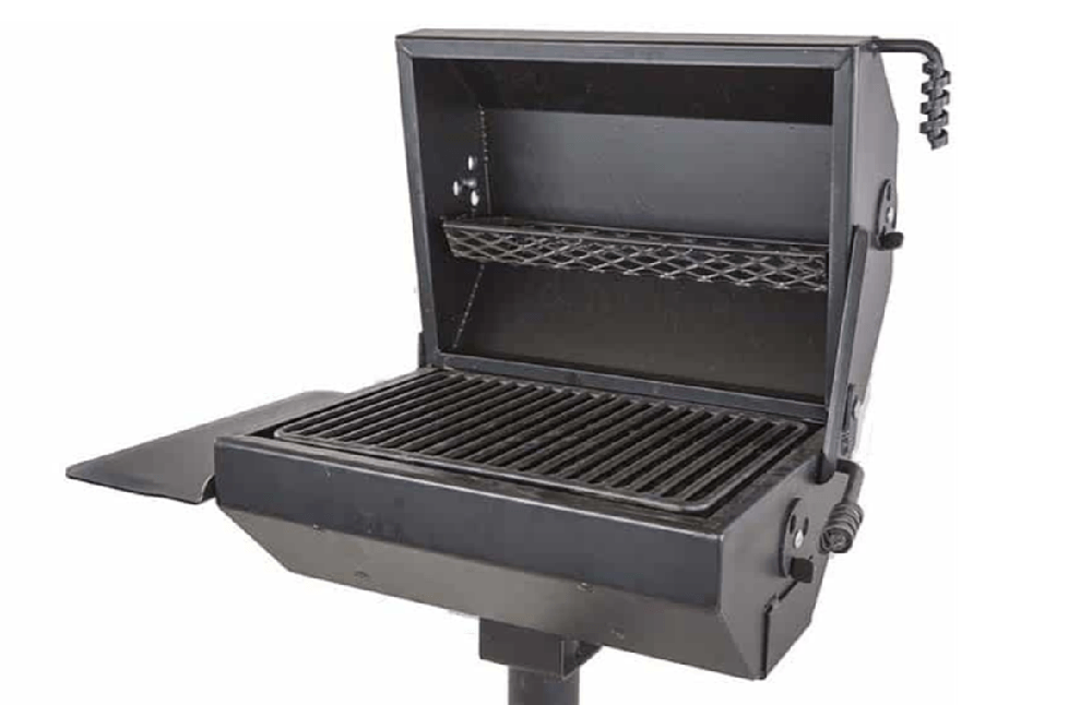 Commercial park grill with hinged lid cover offering improved heat retention, cooking control, and weather protection for outdoor grilling